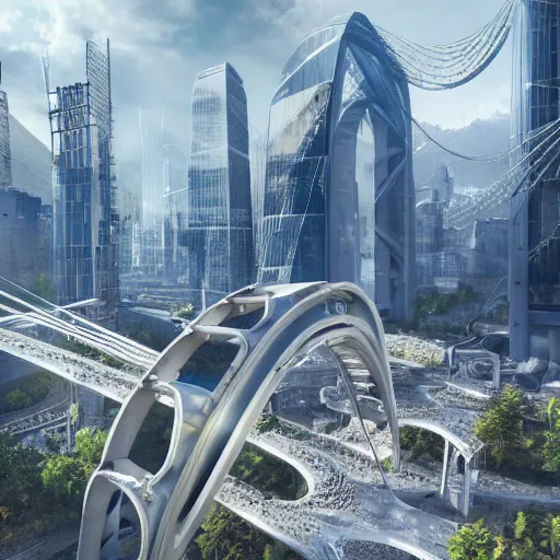 Prompt: hyper-realistic, large futuristic high tech city hidden underneath, tall buildings connected with bridges, luxuriant vegetation, flying cars, photoreal, dramatic sunlight highlights, in valley, amongst high mountains volumetric lighting, intricate details, octane render, cinematic, realism, high detail,unreal engine, vfx,
