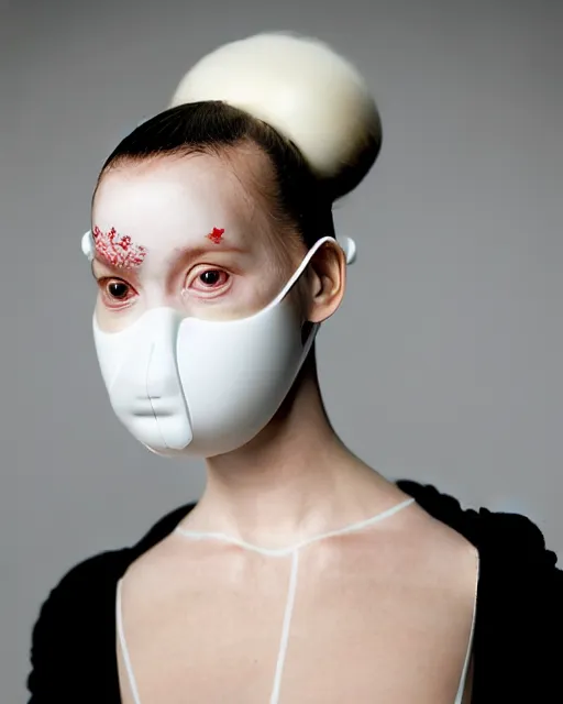 Image similar to portrait of a woman wearing a white embroidered translucent silicone mask and white red frizzy hair buns, wearing a black bodysuit by alexander mcqueen, cream white background, soft diffused light, biotechnology, humanoide robot, bjork aesthetic, translucent, by rineke dijkstra, intricate details, highly detailed, masterpiece,