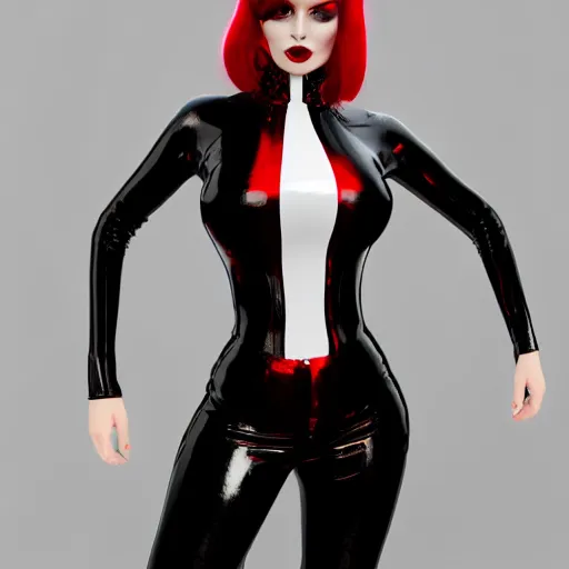 Prompt: a curvy pale goth woman with a modest elaborate elegant red shimmering multilayered latex striped tight high-neck outfit, fully clothed, cgsociety, photorealistic, sublime-cool-badass-hyperadvanced, 16k, smooth, sharp focus, trending on ArtStation, volumetric lighting