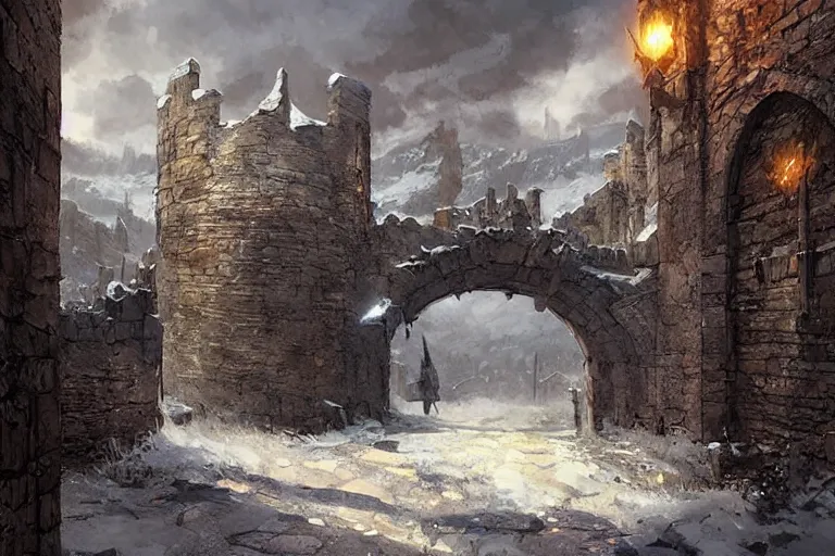 Prompt: winterfell walls gate, lanscape, calm feeling, clouded, beautiful, by marc simonetti