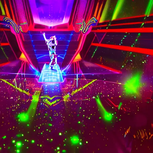 Image similar to hyper-futuristic hologram dj rave from the future. huge music festival. gigantic speakers with lasers and lights. photorealistic 35mm 4k