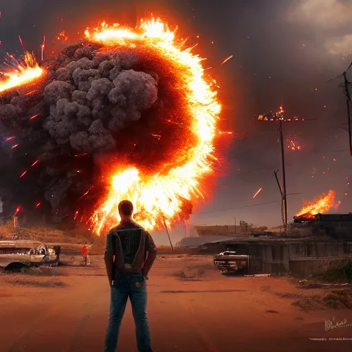 Prompt: cool guys don't look at explosions by Hollywood film studio, realism, 4k, CGSociety