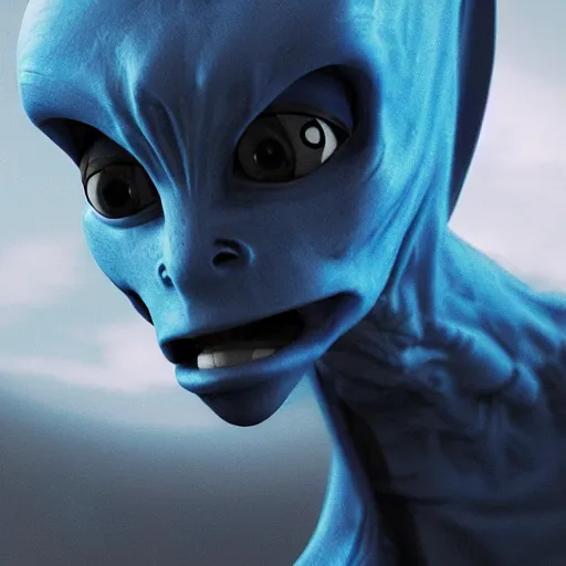 Image similar to tall blue alien is caught on security camera 8 k hdr hi res realistic super detailed pic
