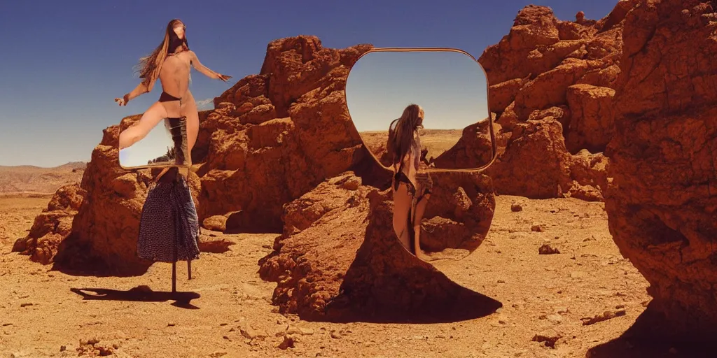 Image similar to levitating woman with full - face golden mask in a dry rocky desert landscape, visible sky and sunny atmosphere, fata morgana and giant mirrors by alejandro jodorowsky, anamorphic lens, kodakchrome, practical effects, masterpiece, 8 k