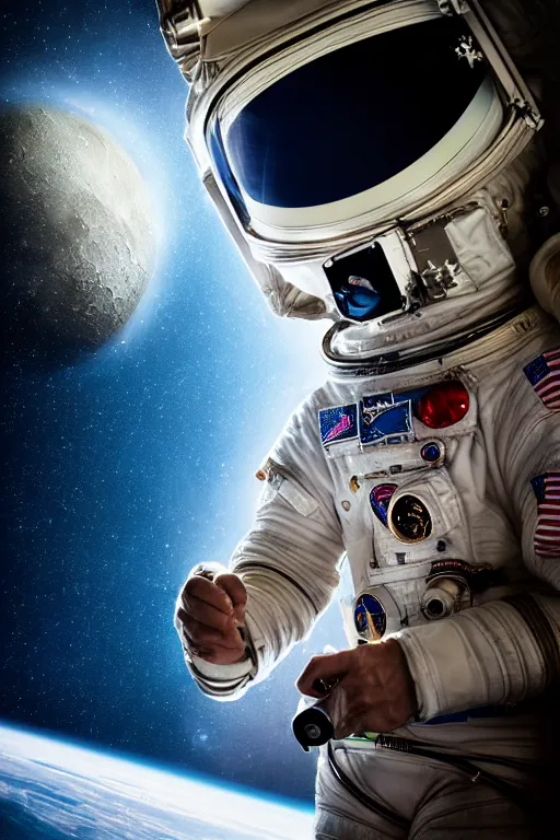 Image similar to historical portrait of space astronaut taking a selfie, holds a smart phone in one hand, phone!! held up to visor, reflection of phone in visor, moon, extreme close shot, soft light, golden glow, award winning photo by michal karcz and yoshitaka amano