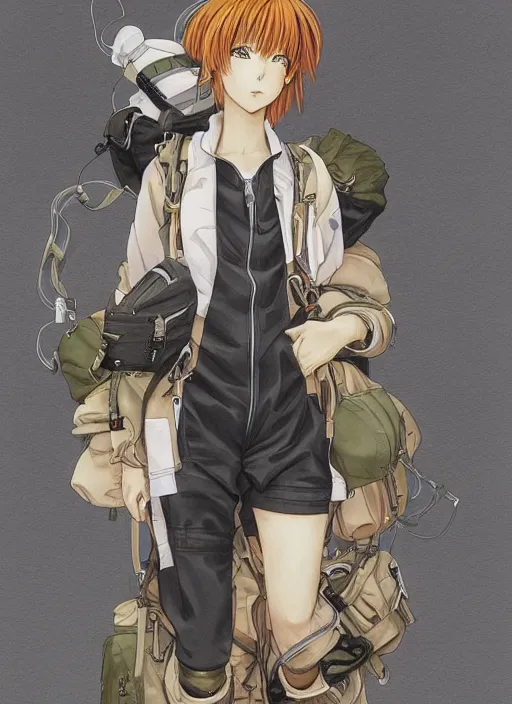 Prompt: a copic maker manga portrait of an anime girl very detailed features by yoshiyuki sadamoto, alphons mucha wearing a pilot suit cargo streetwear - lots of zippers, pockets, synthetic materials, chic'techno fashion trend by issey miyake and balenciaga 8 k