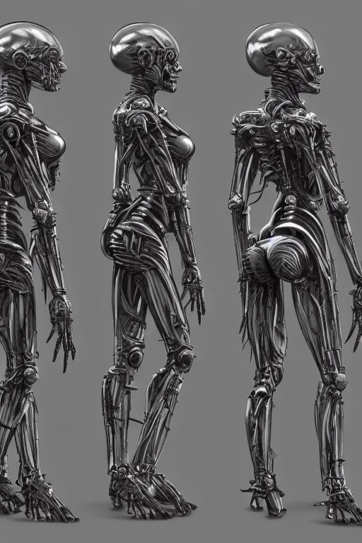 Prompt: andriod orisha god with gunmetal grey skin, medical anatomy, very symmetrical face, highly detailed, japanese mecha, three - perspective / three - view reference sheet ( front / back / side ), in the style of dan ouellette, dren from splice, hr giger, sil from species, artstation, unreal engine