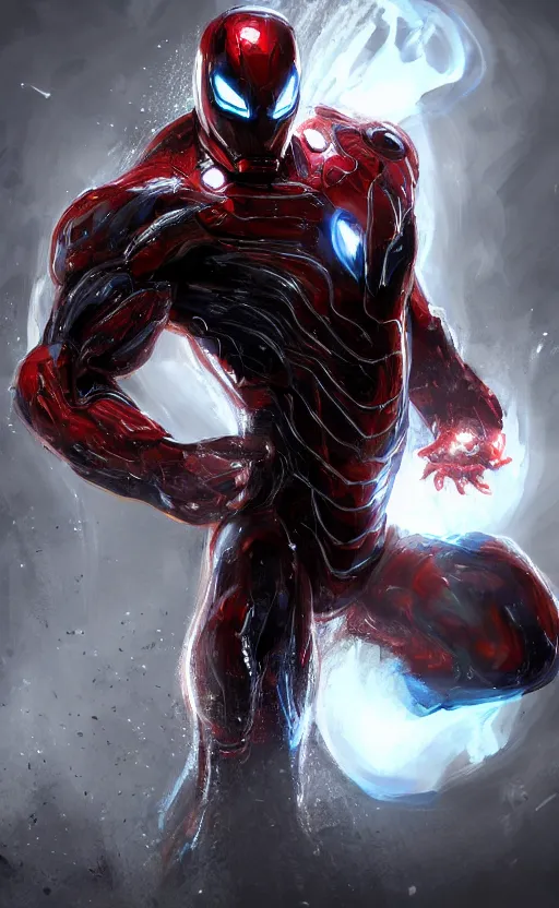 Image similar to venom as ironman, dynamic lighting, photorealistic fantasy concept art, trending on art station, stunning visuals, terrifying, creative, cinematic