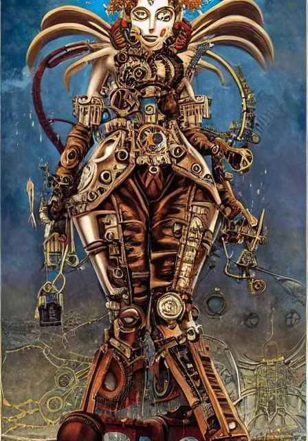 Prompt: steampunk clockwork durga mecha by marek okon designed by alexander mcqueen dress by peter mohrbacher by virgil finlay