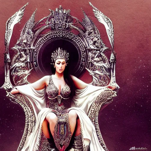 Prompt: Monica Bellucci as a Goddess sitting on a throne, Highly detailed, concept art