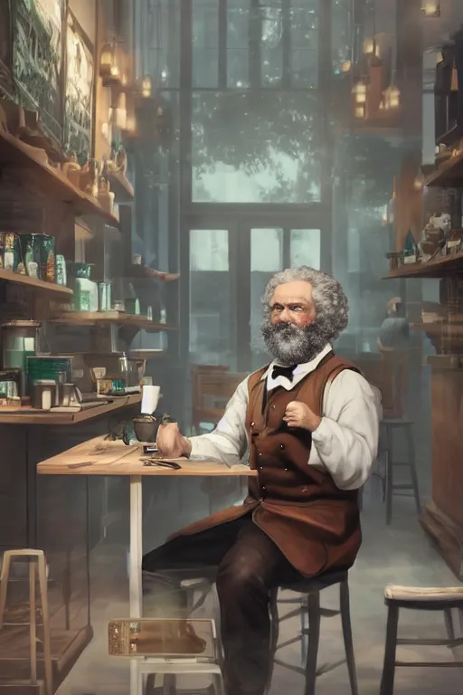 Image similar to Karl Marx working as a Starbucks Barista, hyperrealistic, concept art, octane render, unreal engine 5, trending on DeviantArt, highly detailed, high quality, 8K, soft lighting, cute, natural lighting, realistic face, trending on Artstation, elegant clothes, profile picture, path traced, house background