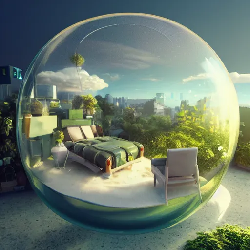 Prompt: miniature solarpunk apartment inside a bubble, floating on clouds, realistic 3 d render, unreal engine, gardens, ecofuturism, solarpunk, maya, 8 k, vmax, award winning, trending on artstation, smooth, sharp focus, octane, twilight sunset background