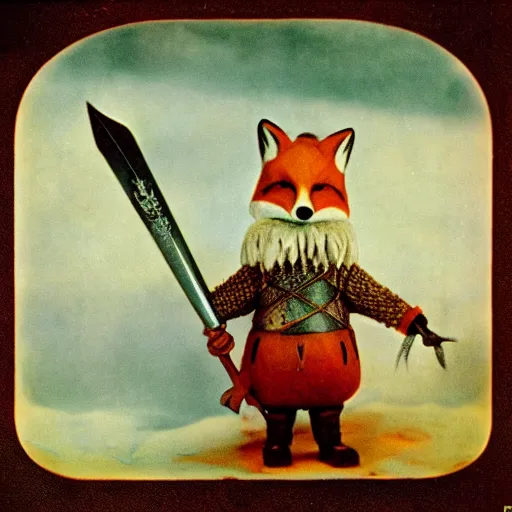 Prompt: anthropomorphic fox who is a medieval knight holding a sword towards a stormy thundercloud, 1930s film still colored