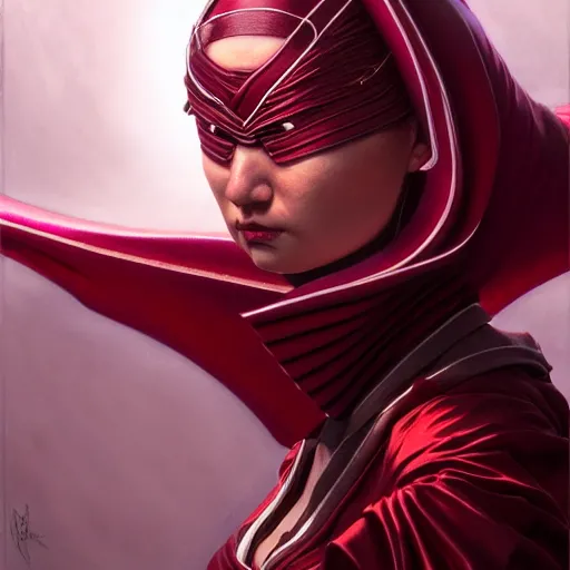 Image similar to chaotic burgundy satin ribbons instead of skin build image of mystic face, moebius, bao pham, donato giancola, larry elmore, masterpiece, trending on artstation, featured on pixiv, cinematic composition, beautiful lighting, sharp, details, hyper - detailed, hdr, 4 k, 8 k