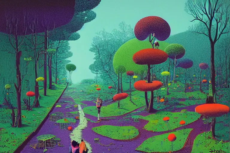 Image similar to surreal glimpse into other universe, jalan - jalan cari makan, summer morning, very coherent and colorful high contrast, art by!!!! gediminas pranckevicius!!!!, geof darrow, floralpunk screen printing woodblock, dark shadows, hard lighting, stipple brush technique,