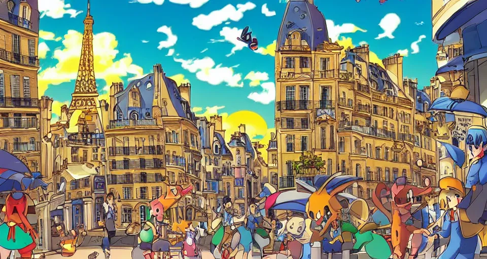 Prompt: paris in pokemon city style, golden hour