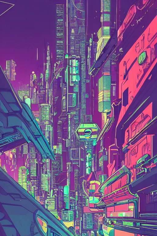 Image similar to astronaut cyberpunk surreal upside down city, neon lights, sharp edges, flat colors, cell shaded by moebius, Jean Giraud, trending on artstation