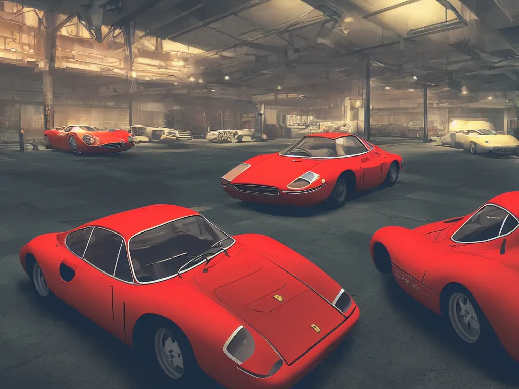 Image similar to a wholesome animation key shot of a focused old ferrari car in a car park, close shot, studio Ghibli, Pixar and Disney animation, sharp, very detailed, high resolution, Rendered in Unreal Engine 5, anime key art by Greg Rutkowski, Bloom, dramatic lighting