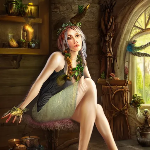 Image similar to A female archfey from the Feywild sitting in the dining room alone, 4k resolution, oil painting, highly detailed