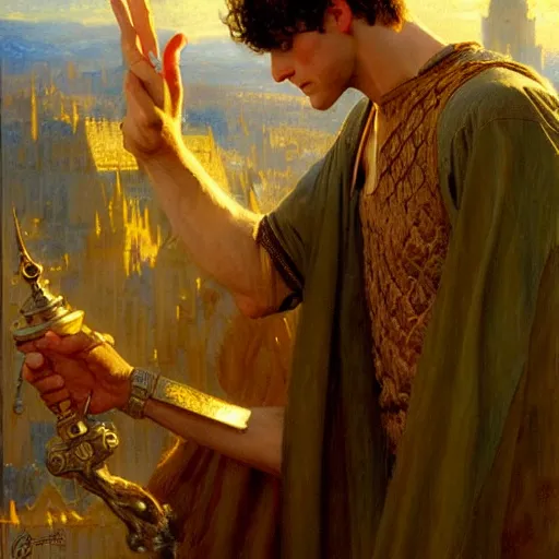 Image similar to attractive, arthur pendragon in love with attractive male, merlin the mage. highly detailed painting by gaston bussiere, craig mullins, j. c. leyendecker