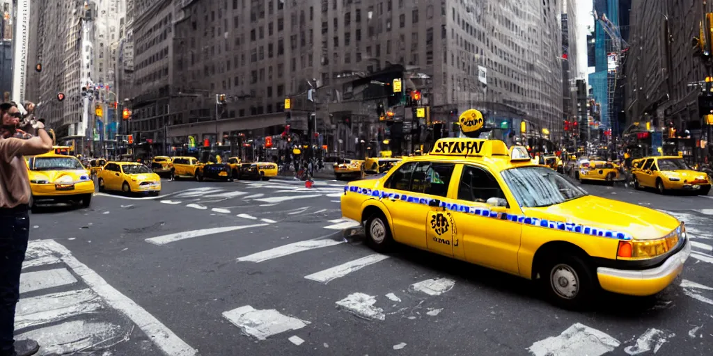 Prompt: spongebob hailing a taxi in manhattan, shallow depth of field, canon eos r 3