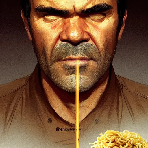 Prompt: trevor philips face on noodles, highly detailed, digital painting, artstation, concept art, smooth, sharp focus, illustration, art by artgerm and greg rutkowski and alphonse mucha