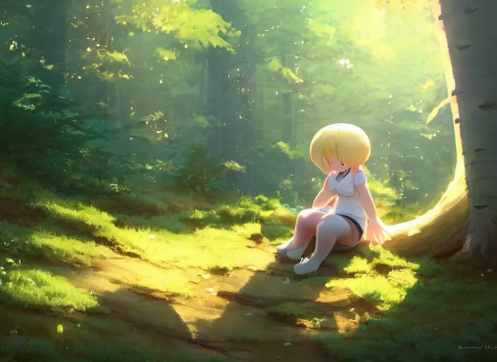 Image similar to a small, cute and chubby mushroom creature, she's sitting on a log in an aspen forest, atmospheric lighting, sun rays through the trees, by makoto shinkai and krenz cushart