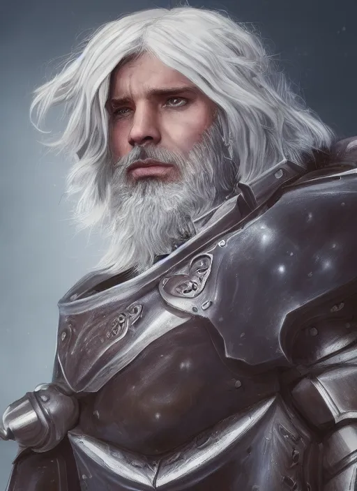 Image similar to an epic fantastic realism comic book style portrait painting of an aasimar paladin, male, shaggy silver hair, short brown beard, d & d concept art, unreal 5, daz, petrol aesthetic, octane render, cosplay, rpg portrait, dynamic lighting