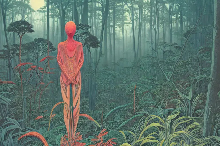 Prompt: lots of glass details, a lot of exotic vegetation, trees, flowers, dull colors, in the foggy huge forest, by moebius, junji ito, tristan eaton, victo ngai, artgerm, rhads, ross draws, hyperrealism, intricate detailed, risograph