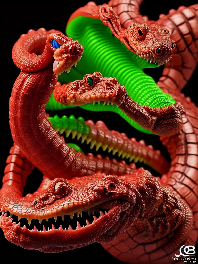 Image similar to hyperrealistic rendering, alligator earthworm by bernie wrightson and killian eng and joe fenton, product photography, action figure, sofubi, studio lighting, colored gels, colored background