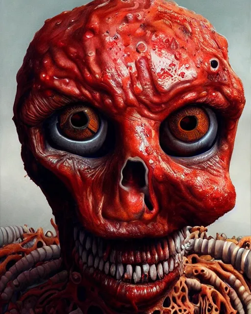 Image similar to Haunting horrifying hyperrealistic detailed painting of a tall slim surreal extraterrestrial creature made of bone texture, gelatinous goo oozing from mouth, heavy metal, and bloodshot eyeballs, hyper detailed, trending on Artstation