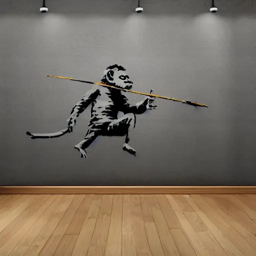 Image similar to banksy art monkey with sword, wall with city street background