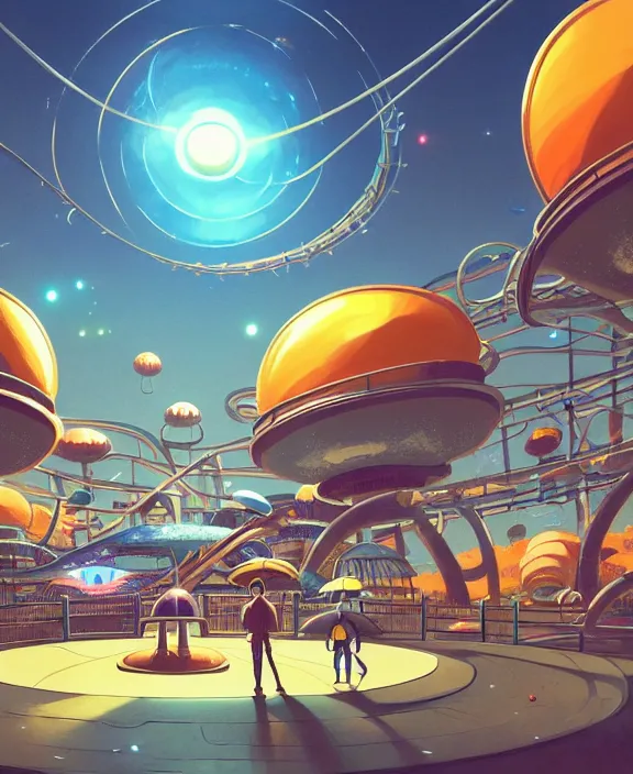 Image similar to simplicity, an amusement park made out of alien creatures, biological, in the style of a round spaceship, surrounded by auras, by dan mumford, yusuke murata, makoto shinkai, ross tran, cinematic, unreal engine, cel shaded, featured on artstation, pixiv