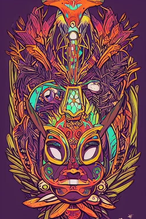 Image similar to animal mask totem roots flower tribal feather gemstone plant wood rock shaman vodoo video game vector cutout illustration vivid multicolor borderlands comics by josan gonzales and dan mumford radiating a glowing aura