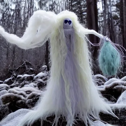 Prompt: an ethereal fantasy fluffy ghost like spooky live action muppet wraith like figure with a squid like parasite latched as its head and four long tentacles for arms that flow gracefully at its sides like a cloak while it floats around a frozen rocky tundra in the snow searching for lost souls and that hides amongst the shadows in the trees, this character has hydrokinesis and electrokinesis is a real muppet by sesame street, photo realistic, real, realistic, felt, stopmotion, photography, sesame street