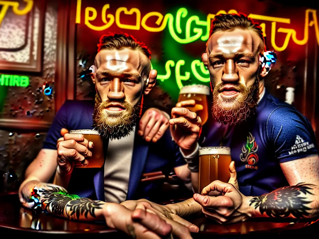 Image similar to a well framed portrait of conor mcgregor drinking a beer and smoking a cigar in an irish pub with a neon bar, trending on art station, in the style of the movie heat, volumetric lighting & shadows, hyper detailed, digital art, unreal engine, 4 0 0 mm f 1. 8,