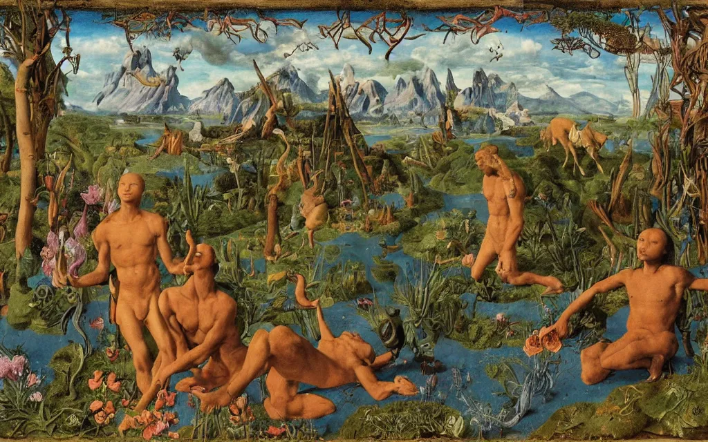 Image similar to a portrait photograph of a meditating satyr and a centaur monk riding a rocket machine and hunting at a river delta. surrounded by bulbous flowers and trees. mountain range under a blue sky of fiery stars. by jan van eyck, max ernst, ernst haeckel, ernst fuchs and artgerm, cgsociety, fashion editorial, 8 k