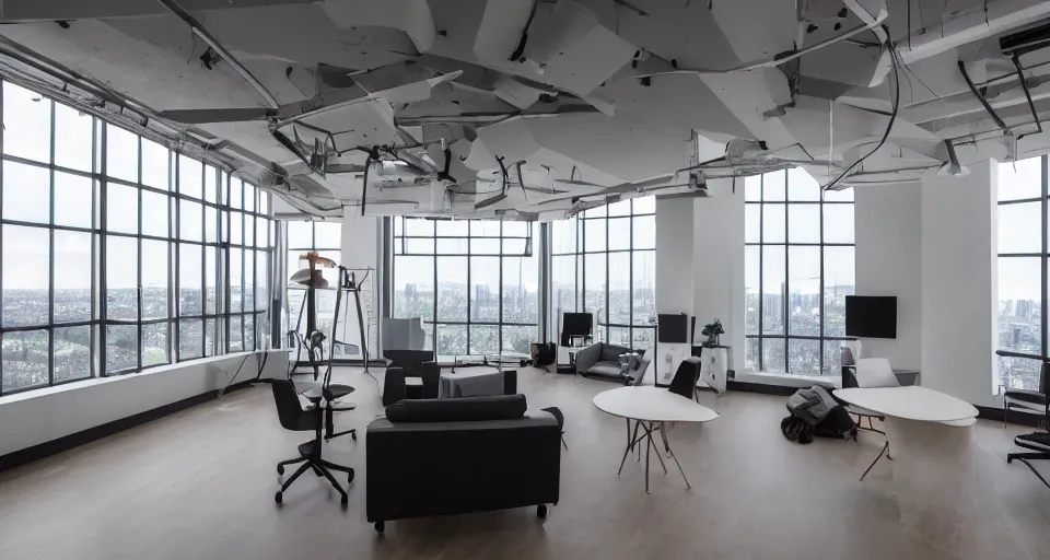 Prompt: interior of a bright streamer studio with the latest equipment and tech with big windows overlooking the megapolis, trendy aesthetic interior decoration, modern designer, high detail, 8 k, photography focal length 2 0 mm f 3. 5