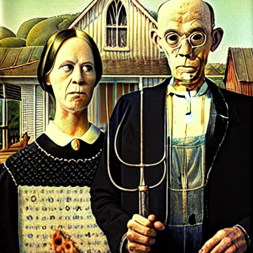 Image similar to baphomet and aleister crowley in the style of american gothic