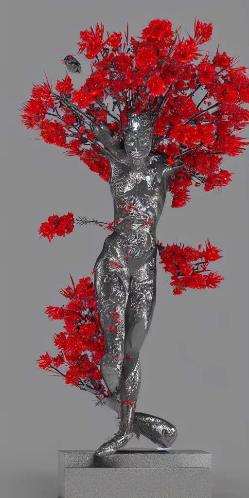 Image similar to 3 d photographic render of an ancient sculpture with red sakura flowers made of chrome, chrometype, made of liquid metal, neotribal with metallic thorns and thunders, raytracing, hyper realistic, volumetric lightning, 8 k, by zhelong xu and ouchh studio