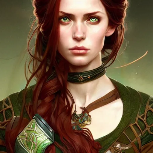 Image similar to Portrait of serious female ranger, D&D, green eyes, face, long red hair, fantasy, intricate, elegant, highly detailed, digital painting, artstation, concept art, smooth, sharp focus, illustration, art by artgerm and greg rutkowski and alphonse mucha