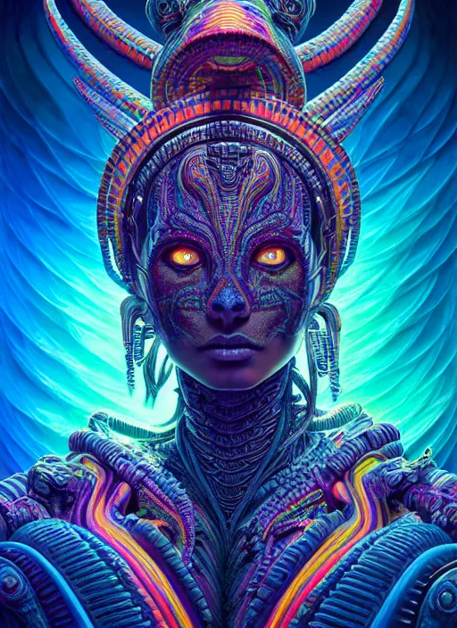 Image similar to hyper detailed ultra sharp 3 d render like a photograph aztec serpent warrior princess, fractal plane, deep voyage, parallel existence, earthwave, colorful, neon, ornate, intricate, digital painting, concept art, smooth, sharp focus, illustration, art by artgerm and greg rutkowski and h. r. giger, 8 k