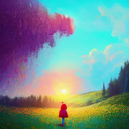 Prompt: girl with blooming face, surreal photography, dream, standing in flower field, hills, big trees, sunrise dramatic light, impressionist painting, colorful clouds, digital painting, pointillism, artstation, simon stalenhag