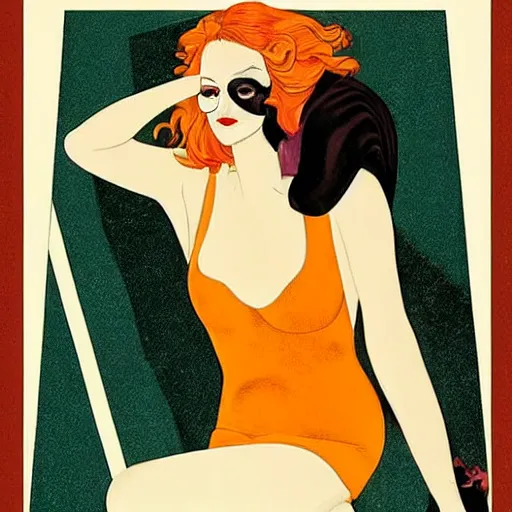 Image similar to Eva Green, Art by Coles Phillips, Orange bodysuit, Chalk white skin, deep purple hair, Green eyes, Portrait of the actress, Eva Green as Metamorpho, geometric art, art deco, Alphonse Mucha, Vasily Kandinsky, carbon black and antique gold