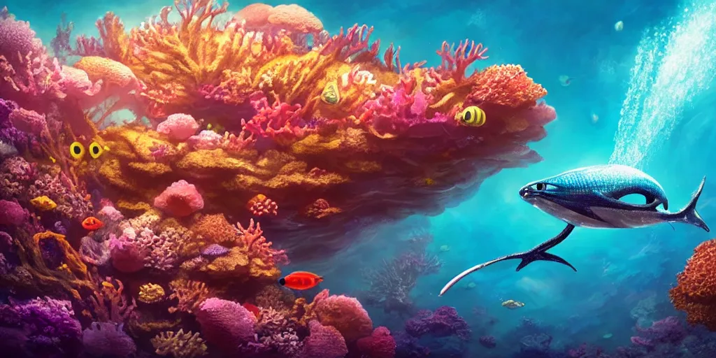 Prompt: photo of an extremely cute alien fish swimming an alien habitable underwater planet, coral reefs, dream-like atmosphere, water, plants, peaceful, serenity, calm ocean, tansparent water, reefs, fish, coral, inner peace, awareness, silence, nature, evolution, wide angle, super highly detailed, professional digital painting, artstation, concept art, smooth, sharp focus, no blur, no dof, extreme illustration, Unreal Engine 5, Photorealism, HD quality, 8k resolution, cinema 4d, 3D, beautiful, cinematic, art by artgerm and greg rutkowski and alphonse mucha and loish and WLOP