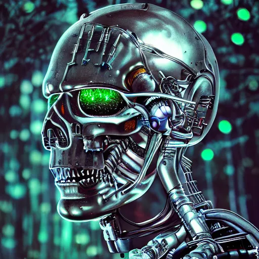 Prompt: super detailed portrait of a terminator's head, packed with cybernetics and and borg enhancements. In a forest with bokeh. Lots of round Gears visible. Vegetation is growing out of the head