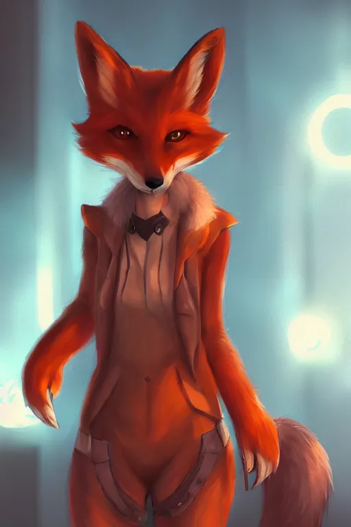 Image similar to a fox fursona, trending on artstation, by kawacy, furry art, digital art, cyberpunk, high quality, backlighting