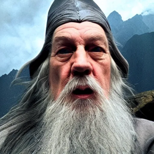 Image similar to Selfie taken by an overconfident Gandalf the Grey on the Bridge of Khazad Dum, a balrog looming in the background,