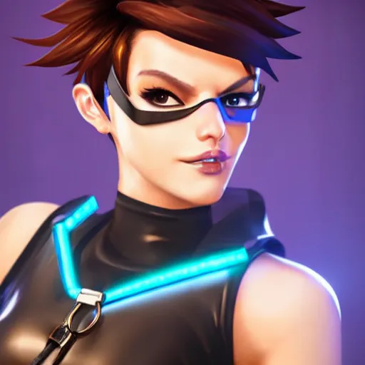 Prompt: full body digital artwork of tracer overwatch, wearing black iridescent rainbow latex tank top, 4 k, expressive happy smug expression, makeup, in style of mark arian, wearing detailed black leather collar, chains, black leather harness, detailed face and eyes,