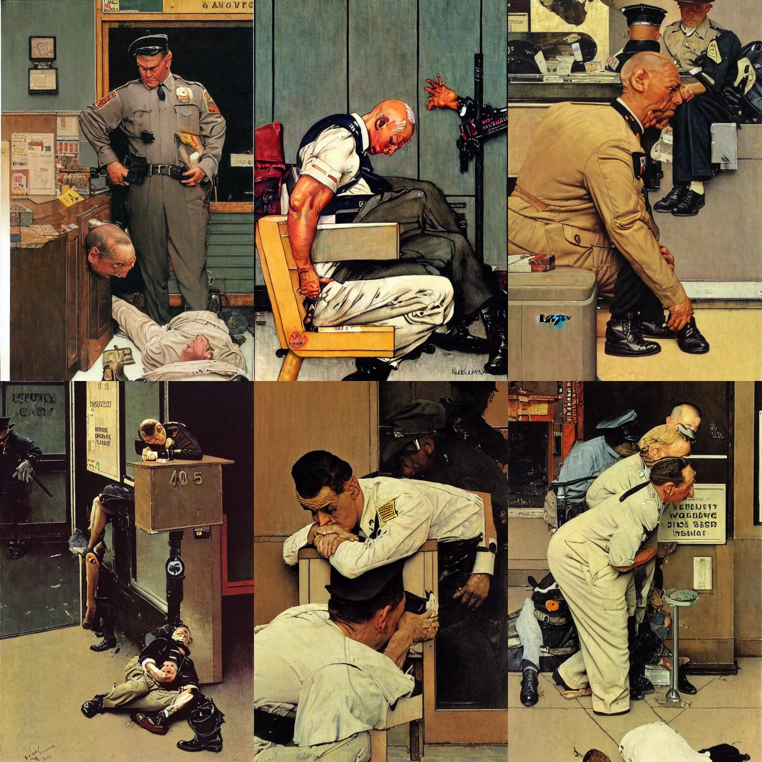 Prompt: a security guard falling asleep at his post, painting by Norman Rockwell